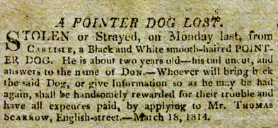 Thomas Scarrow loses dog. Carlisle 1814